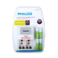 PHILCO - Cargador De Pilas + 4 Pilas AA 2700 mAh Pre Cargadas