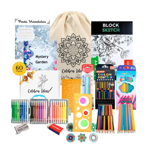 CELEBRA IDEAS - Set de Arte Dibujo y Para Colorear mandalas 60 Pcs. Kit arte