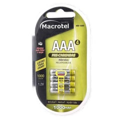 MACROTEL - Pilas Recargables Precargadas Aaa 1000mah 4 Un.