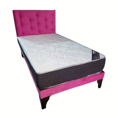 GENERICO - Cama Europea 1 1/2P Respaldo Fucsia Felpa Colchón Resorte Bonnell Soft