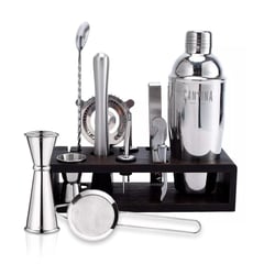 CASATUA - Coctelera Set Bartender Bar 12 Piezas Inoxidable Base Madera