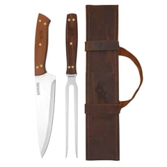 KANGKAWE - SET PARRILLERO: TENEDOR + CUCHILLO CON FUNDA DE CUERO CAFÉ RUSTICO