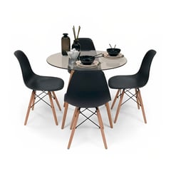 KLIK - Comedor Mesa Eames Vidrio 80cm + 4 Sillas Eames Negras