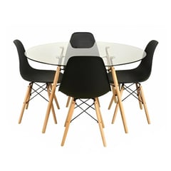 KLIK - Comedor Mesa Eames Vidrio 100cm + 4 Sillas Eames Negras