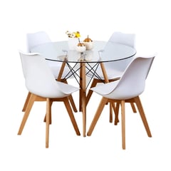 KLIK - Comedor Mesa Eames Vidrio 100 cm + 4 Sillas Tulip Blancas