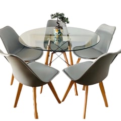 KLIK - Comedor Mesa Eames Vidrio 100 cm + 5 Sillas Tulip Grises