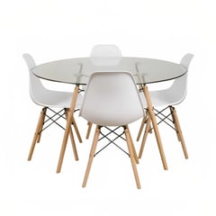 KLIK - Comedor Mesa Eames Vidrio 100cm + 4 Sillas Eames Blancas