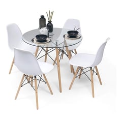 KLIK - Comedor Mesa Eames Vidrio 80cm + 4 Sillas Eames Blancas