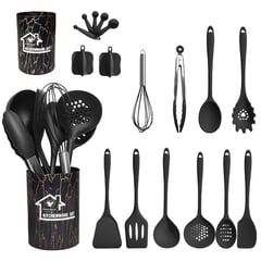 EVERSO - Set 18 Utensilios Cocina Mango Silicona Y Madera Repostería Negro