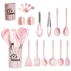 EVERSO - Set 18 Utensilios Cocina Mango Silicona Y Madera Repostería Rosa