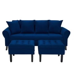 BODEVIR - Sofa Lúa 3C + 2 Poufs Felpa 20 Azul Marino