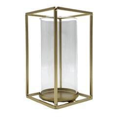 GENERICO - Candelabro Porta Vela Cubo Metálico Dorado Con Vidrio