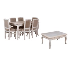 MUEBLES NATIVA - Combo Comedor 90x160 Respaldo Tapizado beige Mesa de Centro