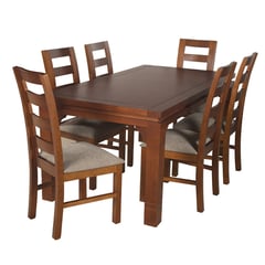 ARTHOME - JUEGO DE COMEDOR AMELIA 6 SILLAS MADERA COLOR MIEL TAPIZ CAFE JASPEADO