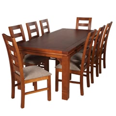 ARTHOME - JUEGO DE COMEDOR AMELIA 8 SILLAS MADERA COLOR MIEL TAPIZ CAFE JASPEADO