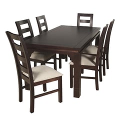 ARTHOME - JUEGO DE COMEDOR AMELIA 6 SILLAS COLOR CHOCOLATE TAPIZ BEIGE JASPEADO