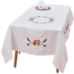 VELUTTI - Mantel Bordado Navidad 160x230 Cm + 6 Servilletas Campanas Blanco