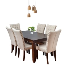 SWEET HOGAR - Comedor de madera con 6 sillas tapiz Capitoné Modelo Grecia Beige