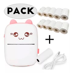 ESHOPANGIE - Mini Impresora Térmica Portátil Bluetooth Gatito + 11 Rollos Rosado