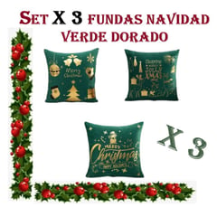 COMPRAPO - Set X 3 Fundas Cojín Navidad Verde Dorado Mod 5, 45x45 Cm.