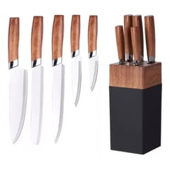 OEM - Set 6 Piezas Cuchillos con Taco de Madera Marrón Claro