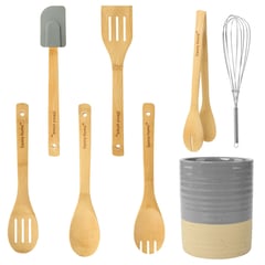 DANNY HOME - Set utensilios de cocina de bambú con soporte de cerámica gris 8pcs.