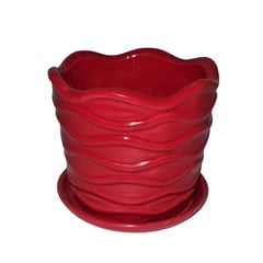 MOGA - Macetero jarron con base 13x13x12cm ceramica ondas rojo