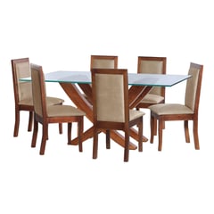 LATAM HOME - JUEGO DE COMEDOR ALICANTE 6 SILLAS GIRONA CUERO KENTUCKY  BEIGE