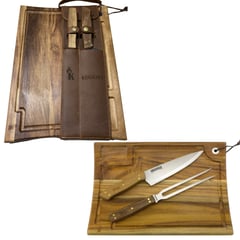 KANGKAWE - Set Parrillero Tabla + Cuchillo C Funda Cuero Café