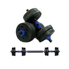 LUMAX - Set 2 Mancuernas + Barra 2 En 1 + 30kg Discos Pesas Azul