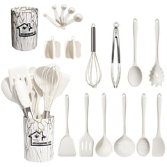 EVERSO - Set 18 Utensilios Cocina Mango Silicona Y Madera Repostería Blanco