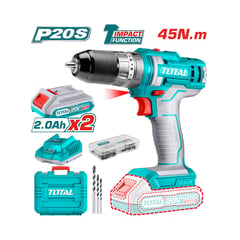 TOTAL TOOLS - Taladro 10mm Industrial 45nm 20v + 2 Bat 2ah + Carg + 50 Acc TOTAL