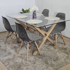 GENERICO - Comedor Medlock Vidrio 140x90 + 4 Sillas Eames replica color Gris