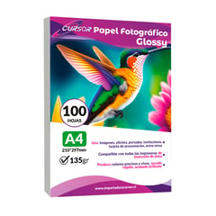 CURSOR - Papel Fotografico Glossy Brillante 135 Grs A4 100 Hojas - Blanco - A4