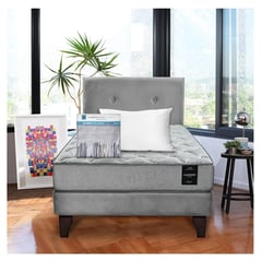 LATAM HOME - Combo Cama Cannon 1.5 Plaza Textil + Respaldo Tela Gris