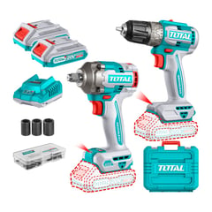 TOTAL TOOLS - Taladro Inal 10mm BL + Llave Impacto 1/2 400Nm + 2 Bat 2ah + Car Total