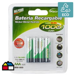 MACROTEL - Pack de 4 pilas recargables AAA 1000 mAh 1.2V