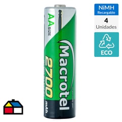 MACROTEL - Pack de 4 pilas recargables AA 2700 mAh 1.2V