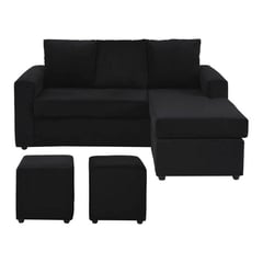 BODEVIR - Sofá seccional + 2 pouf felpa negro