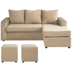 BODEVIR - Sofá seccional + 2 pouf felpa beige