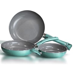 DORAL - Set 3 sartenes turquesa aluminio/titanio 20+24 cms + paila 16 cms