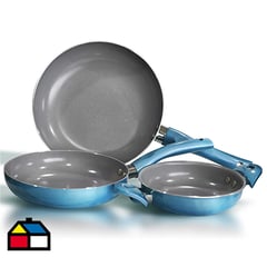 DORAL - Set 3 sartenes azul aluminio/titanio 20+24 cms + paila 16 cms