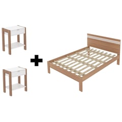 TECNOMOBILI - Combo cama 2 plazas almendra/blanco + 2 veladores almendra/blanco