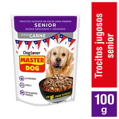 MASTER DOG - Alimento húmedo trocitos jugosos para perros senior, sabor carne 85g